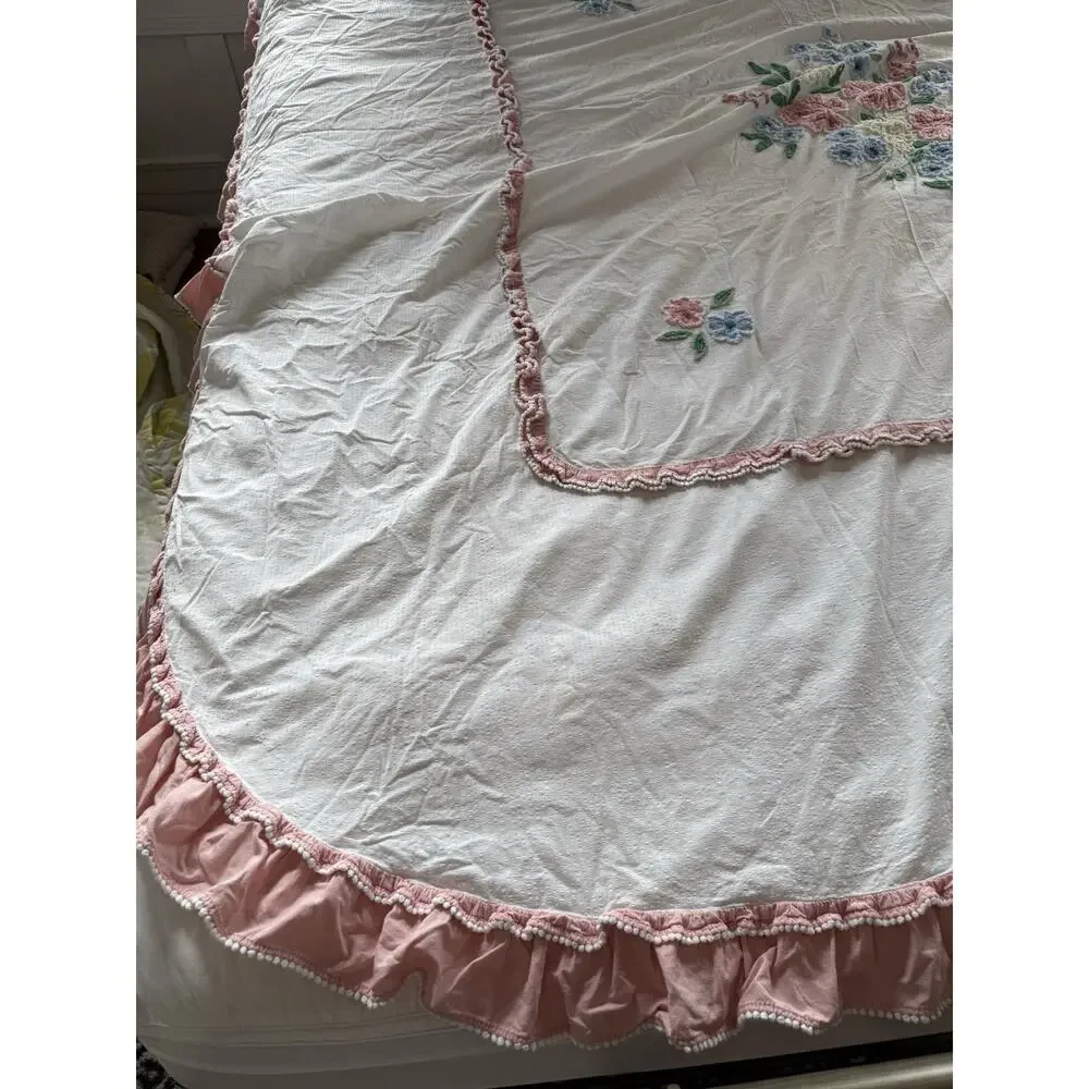 1950's Floral Chenille Bedspread 104”X 96” Shabby Chic Cottagecore Needle Tuft